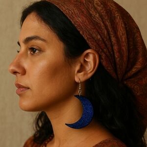 ARTISAN & HANDCRAFTED 2" Wood Crecent Moon Dangle Pierced Earrings HANDPAINTED